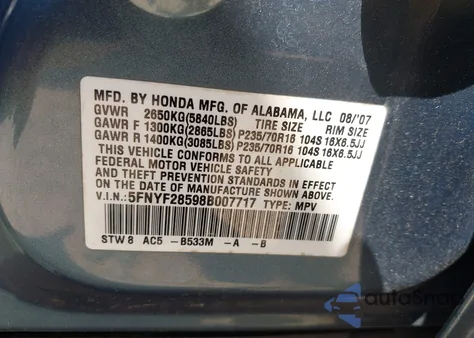 2008 Honda Pilot Ex-L из США, поврежденный, VIN 5FNYF28598B007717